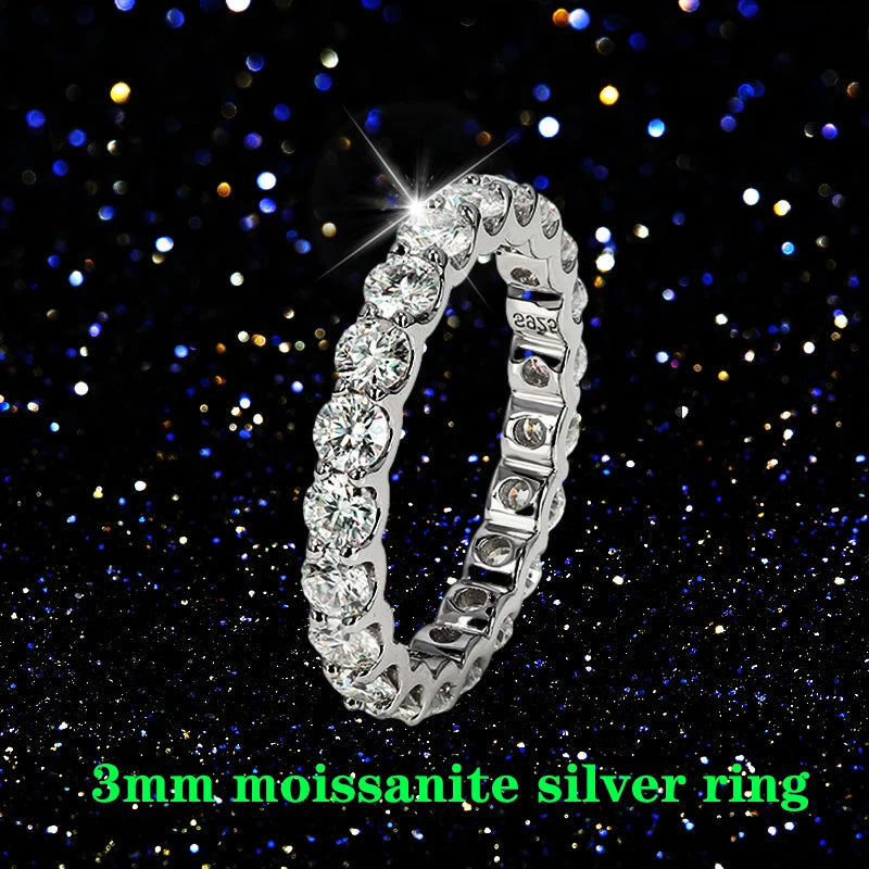 0.1ct 3mm D VVS Moissanite Full Eternity Band Ring – 925 Sterling Silver Engagement & Party Jewelry for Women