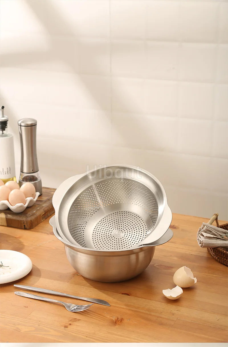 304 Stainless Steel Vegetable Washing Basin & Strainer – Multi-Purpose Rice Washer, Fruit Filter, Kitchen Drain Basket